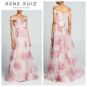 RENE RUIZ COLLECTION Off-the-Shoulder Floral Organza Gown